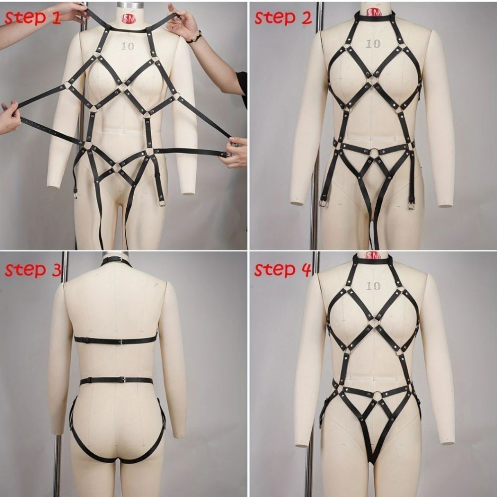 BDSM Erotic Halter Black Strappy Cage Harness Bodysuit #9 - Picture 5 of 5